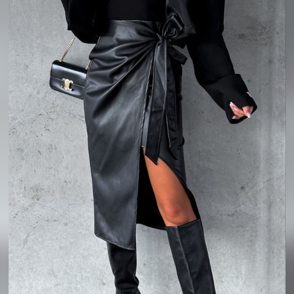 Black Faux Leather Wrap Skirt - Picture 1 of 6